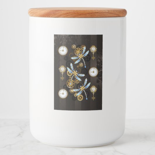 Steampunkdrachenfliegen auf braunem, gestreiften H Lebensmitteletikett (Vorderseite)