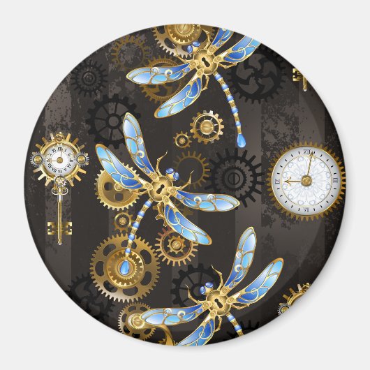 Steampunkdrachenfliegen auf braunem, gestreiften H Magnet (Vorne)