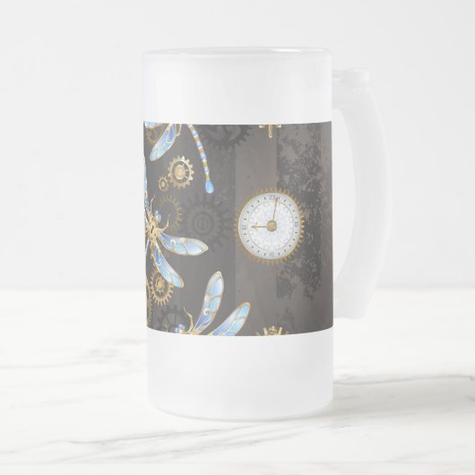 Steampunkdrachenfliegen auf braunem, gestreiften H Mattglas Bierglas (VorderseiteRechts)