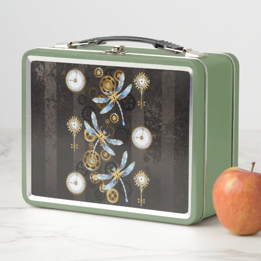 Steampunkdrachenfliegen auf braunem, gestreiften H Metall Brotdose (Beispiel)