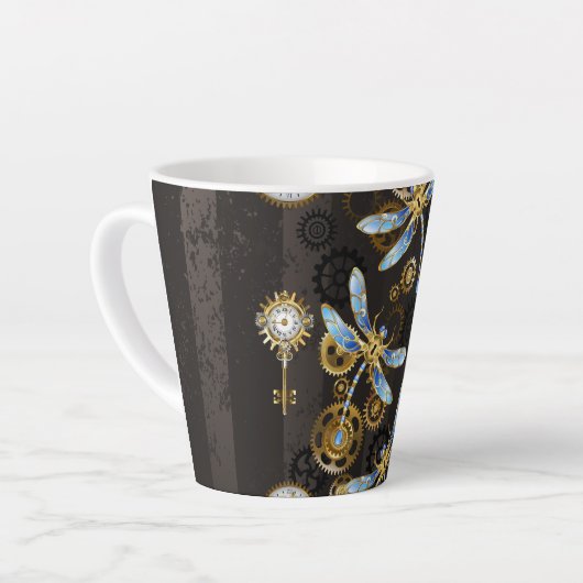 Steampunkdrachenfliegen auf braunem, gestreiften H Milchtasse (Linke Ecke)