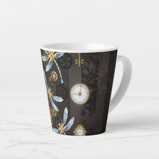 Steampunkdrachenfliegen auf braunem, gestreiften H Milchtasse (Rechte Ecke)