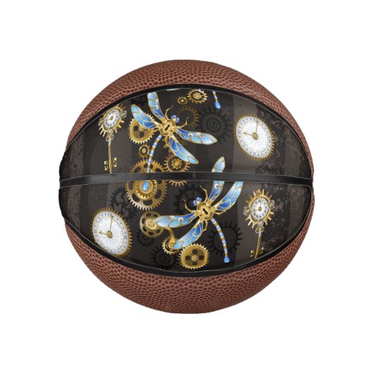 Steampunkdrachenfliegen auf braunem, gestreiften H Mini Basketball (Vorderseite)