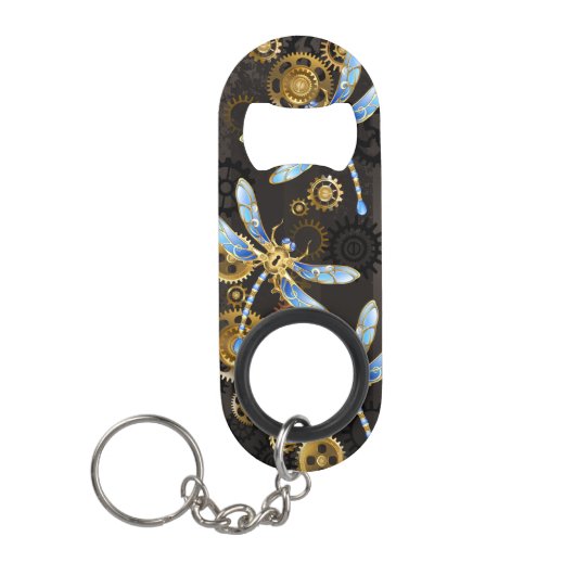 Steampunkdrachenfliegen auf braunem, gestreiften H Mini Flaschenöffner (Vorderseite)