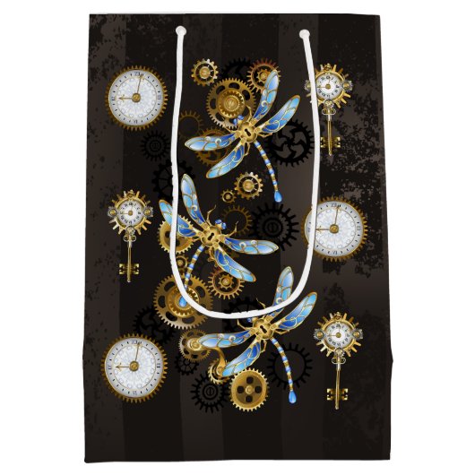 Steampunkdrachenfliegen auf braunem, gestreiften H Mittlere Geschenktüte (Rückseite)