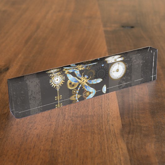 Steampunkdrachenfliegen auf braunem, gestreiften H Namensplakette (Seite)