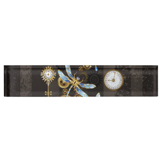 Steampunkdrachenfliegen auf braunem, gestreiften H Namensplakette (Vorderseite)