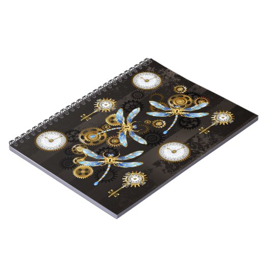 Steampunkdrachenfliegen auf braunem, gestreiften H Notizblock (Linke Seite)