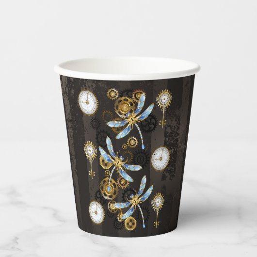 Steampunkdrachenfliegen auf braunem, gestreiften H Pappbecher (Vorderseite)