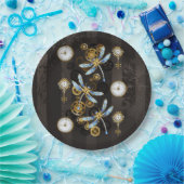 Steampunkdrachenfliegen auf braunem, gestreiften H Pappteller (Party)