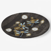 Steampunkdrachenfliegen auf braunem, gestreiften H Pappteller (Schrägansicht)