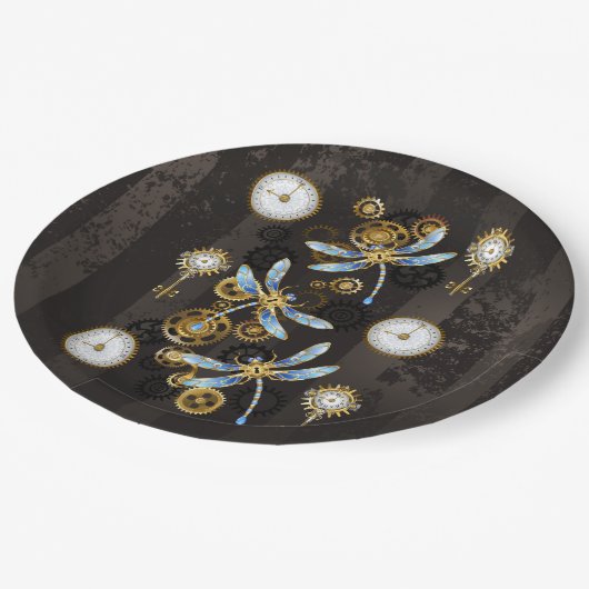 Steampunkdrachenfliegen auf braunem, gestreiften H Pappteller (Schrägansicht)