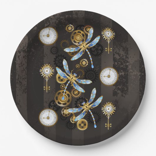 Steampunkdrachenfliegen auf braunem, gestreiften H Pappteller (Vorderseite)