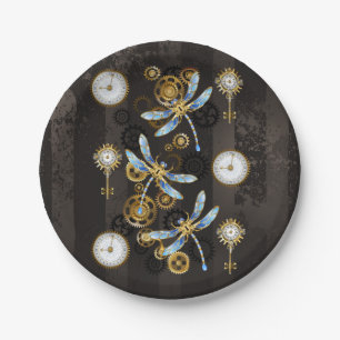 Steampunkdrachenfliegen auf braunem, gestreiften H Pappteller