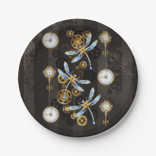 Steampunkdrachenfliegen auf braunem, gestreiften H Pappteller (Vorderseite)