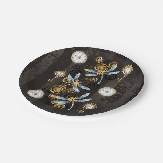 Steampunkdrachenfliegen auf braunem, gestreiften H Pappteller (Schrägansicht)