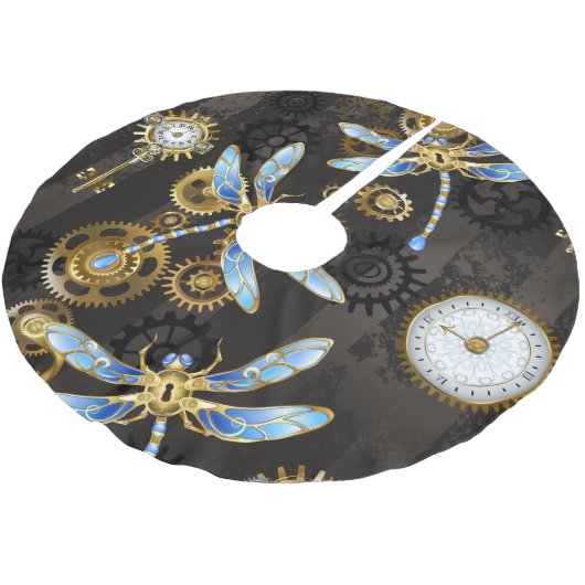 Steampunkdrachenfliegen auf braunem, gestreiften H Polyester Weihnachtsbaumdecke (Schrägansicht)