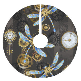 Steampunkdrachenfliegen auf braunem, gestreiften H Polyester Weihnachtsbaumdecke