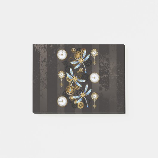 Steampunkdrachenfliegen auf braunem, gestreiften H Post-it Klebezettel (Vorderseite)