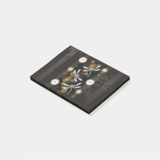 Steampunkdrachenfliegen auf braunem, gestreiften H Post-it Klebezettel (angewinkelt)