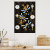 Steampunkdrachenfliegen auf braunem, gestreiften H Poster (Küche)