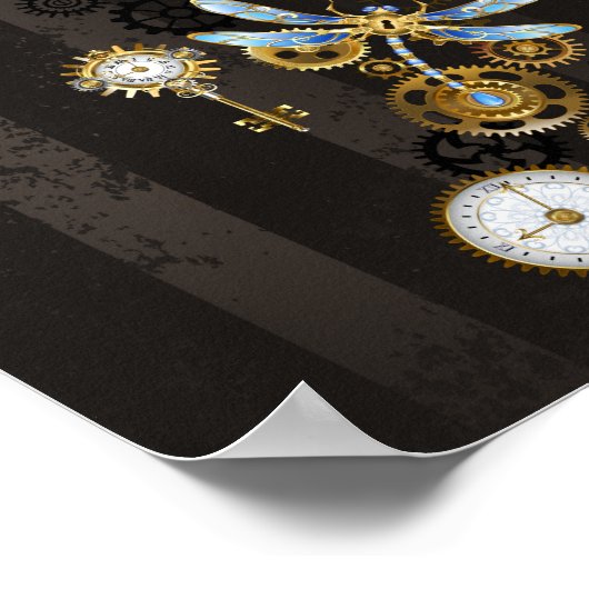 Steampunkdrachenfliegen auf braunem, gestreiften H Poster (Ecke)