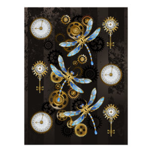 Steampunkdrachenfliegen auf braunem, gestreiften H Poster
