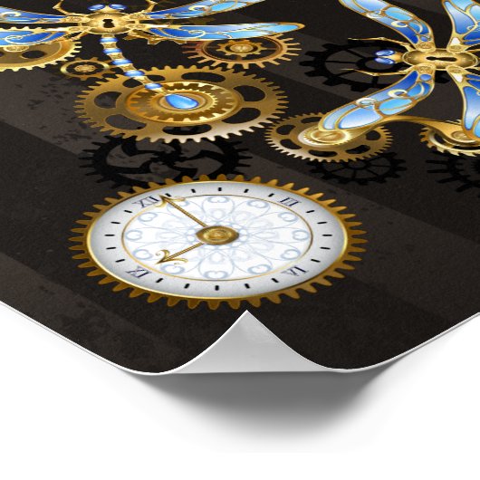 Steampunkdrachenfliegen auf braunem, gestreiften H Poster (Ecke)