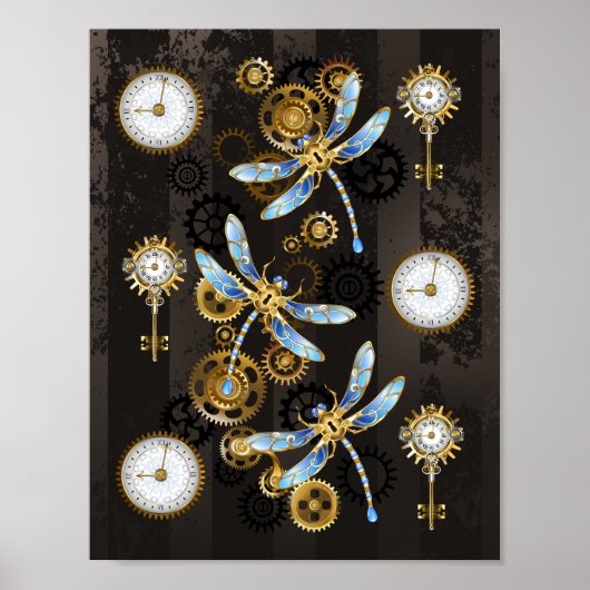 Steampunkdrachenfliegen auf braunem, gestreiften H Poster (Vorne)