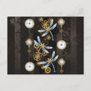 Steampunkdrachenfliegen auf braunem, gestreiften H Postkarte