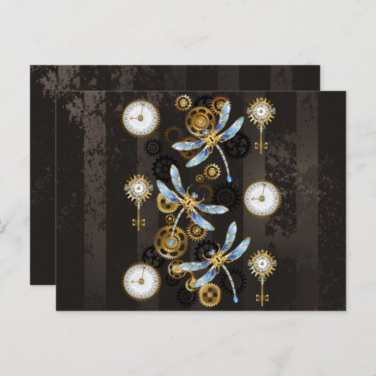 Steampunkdrachenfliegen auf braunem, gestreiften H Postkarte (Vorne/Hinten)