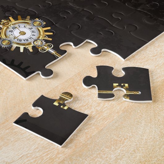 Steampunkdrachenfliegen auf braunem, gestreiften H Puzzle (Seite)