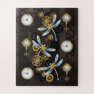 Steampunkdrachenfliegen auf braunem, gestreiften H Puzzle