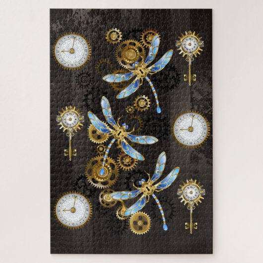 Steampunkdrachenfliegen auf braunem, gestreiften H Puzzle (Vertikal)