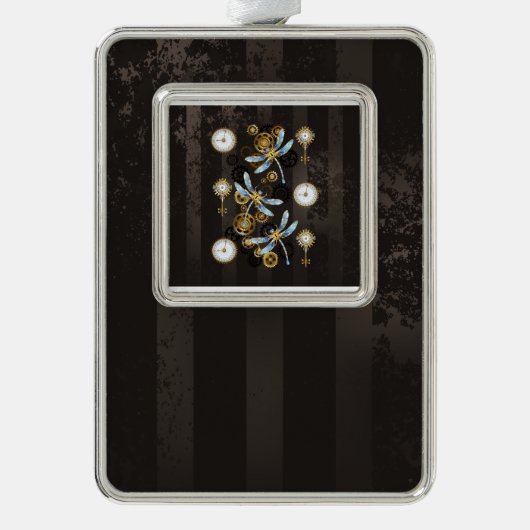 Steampunkdrachenfliegen auf braunem, gestreiften H Rahmen-Ornament Silber (Vorderseite)