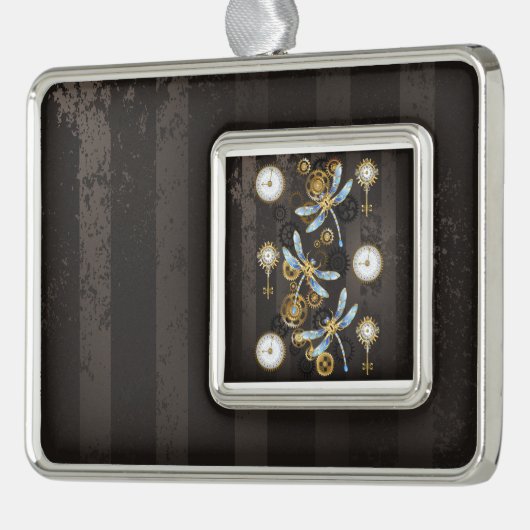 Steampunkdrachenfliegen auf braunem, gestreiften H Rahmen-Ornament Silber (Links)