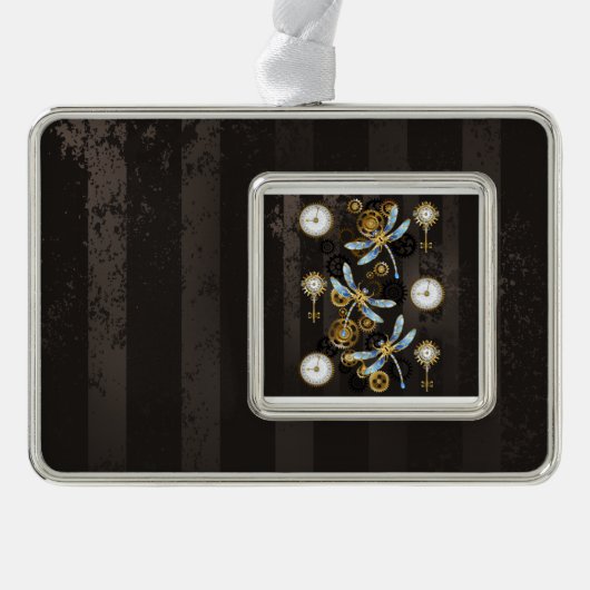 Steampunkdrachenfliegen auf braunem, gestreiften H Rahmen-Ornament Silber (Vorderseite)