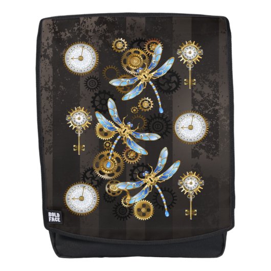 Steampunkdrachenfliegen auf braunem, gestreiften H Rucksack (Vorderseite)