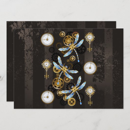 Steampunkdrachenfliegen auf braunem, gestreiften H Save The Date (Vorne/Hinten)