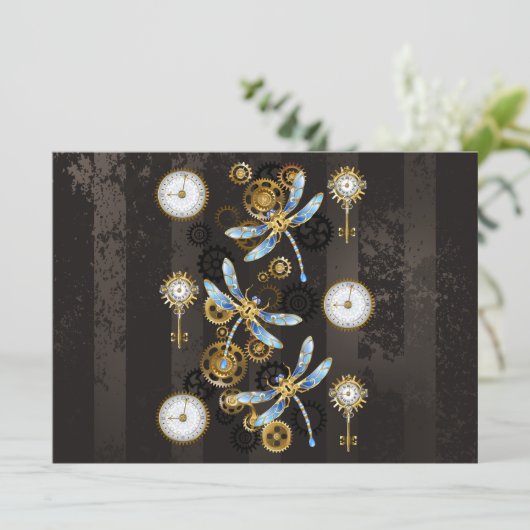 Steampunkdrachenfliegen auf braunem, gestreiften H Save The Date (Stehend Vorderseite)