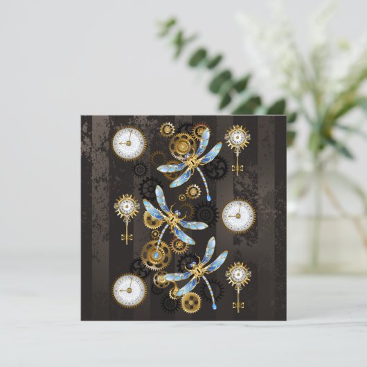 Steampunkdrachenfliegen auf braunem, gestreiften H Save The Date (Stehend Vorderseite)