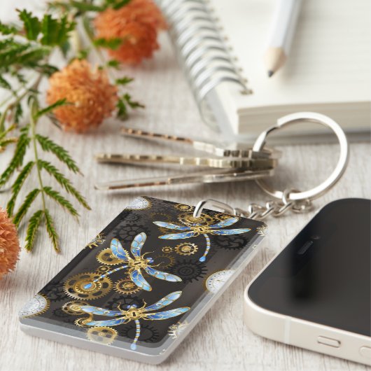 Steampunkdrachenfliegen auf braunem, gestreiften H Schlüsselanhänger (Vorderseite rechts)