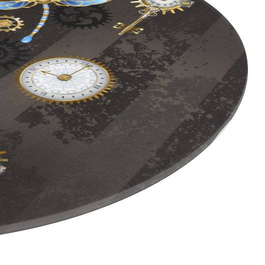 Steampunkdrachenfliegen auf braunem, gestreiften H Schneidebrett (Ecke)