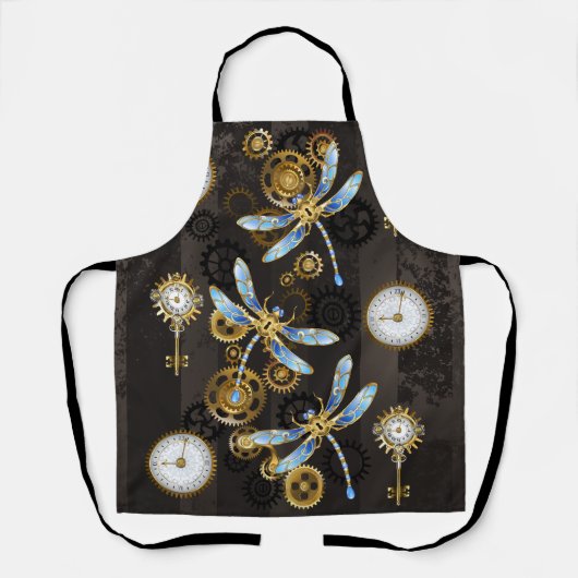 Steampunkdrachenfliegen auf braunem, gestreiften H Schürze (Vorderseite)