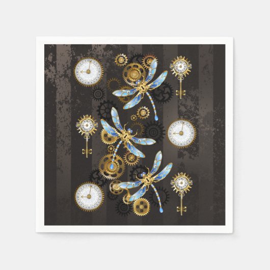 Steampunkdrachenfliegen auf braunem, gestreiften H Serviette (Vorderseite)