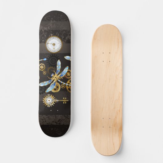 Steampunkdrachenfliegen auf braunem, gestreiften H Skateboard (Vorderseite)