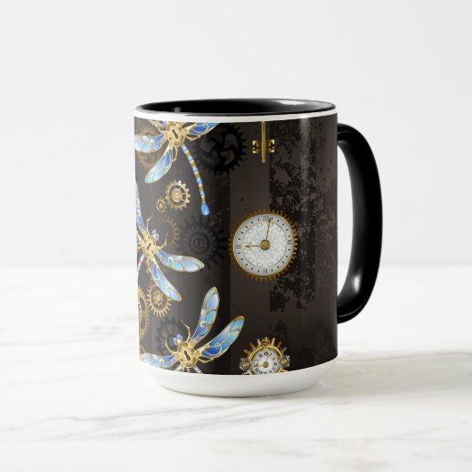 Steampunkdrachenfliegen auf braunem, gestreiften H Tasse (VorderseiteRechts)