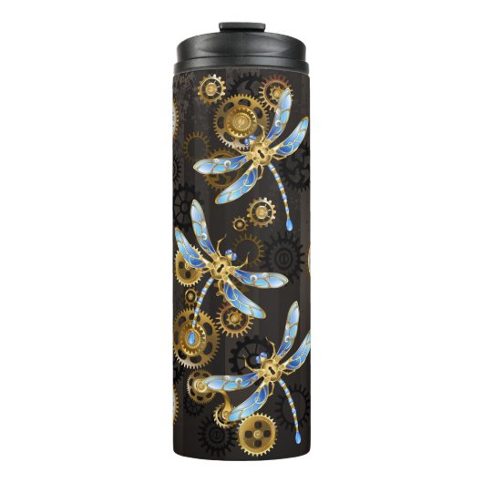 Steampunkdrachenfliegen auf braunem, gestreiften H Thermosbecher (Vorderseite)