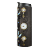 Steampunkdrachenfliegen auf braunem, gestreiften H Thermosbecher (Nach rechts gedreht)