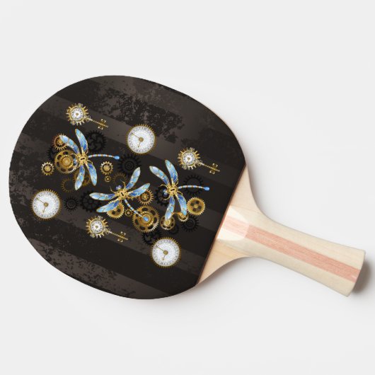 Steampunkdrachenfliegen auf braunem, gestreiften H Tischtennis Schläger (Seitenansicht)